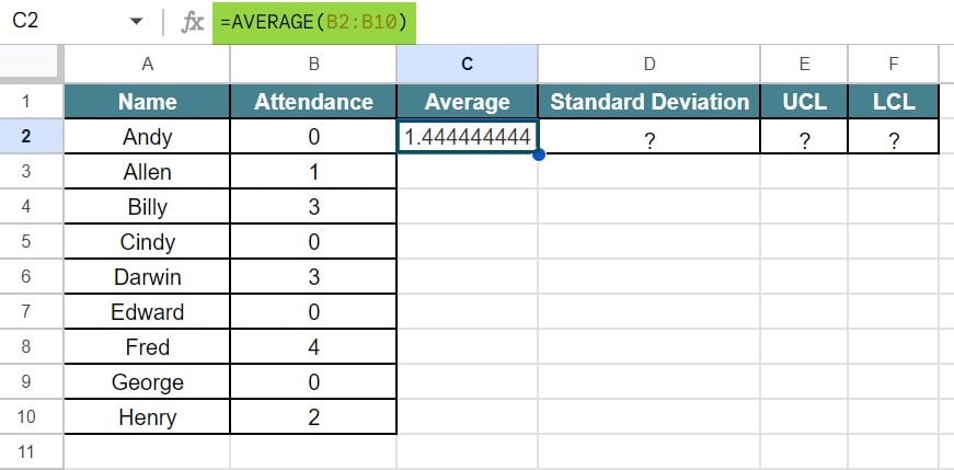 Control Charts in Google Sheets - Example 2 - Step 2 - Result