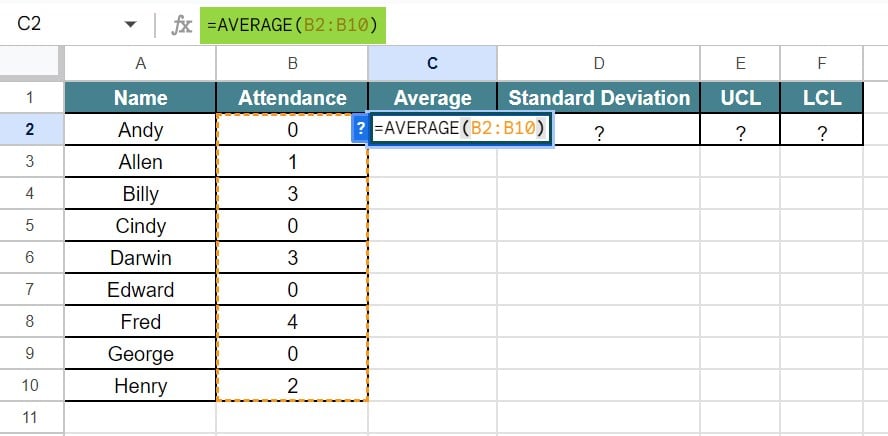 Control Charts in Google Sheets - Example 2 - Step 2