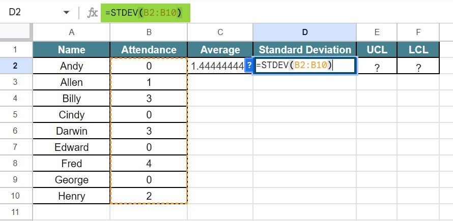 Control Charts in Google Sheets - Example 2 - Step 3