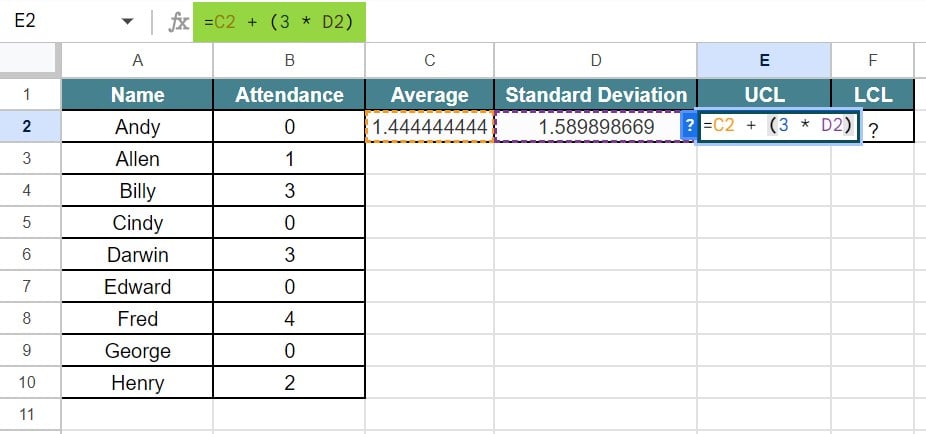 Control Charts in Google Sheets - Example 2 - Step 4