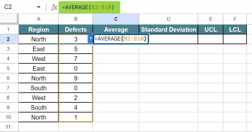 Control Charts in Google Sheets - Example 3 - Step 2
