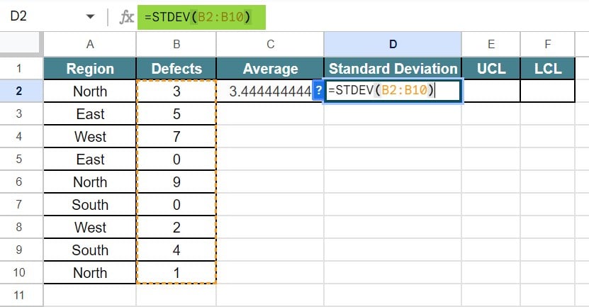 Control Charts in Google Sheets - Example 3 - Step 3