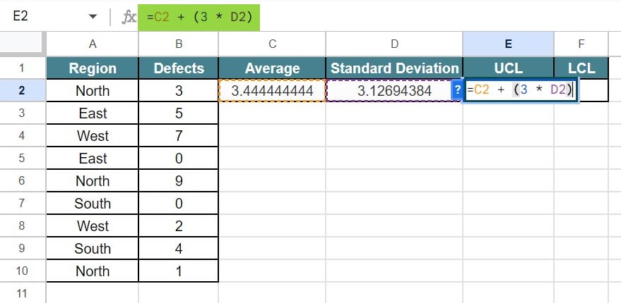 Control Charts in Google Sheets - Example 3 - Step 4