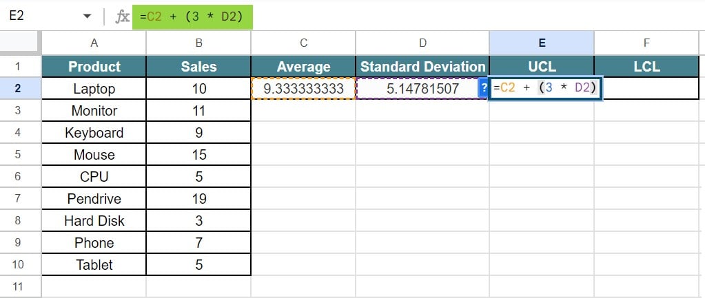 Control Charts in Google Sheets - Example 4 - Step 4