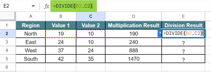 MATH Functions In Google Sheets - Type 5 - Step 2 - formula