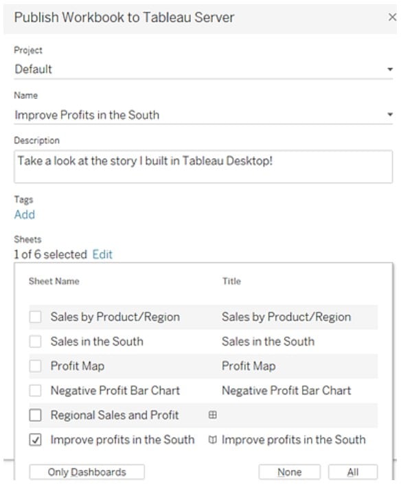 Tableau storyline - Publish - Server - Step 3