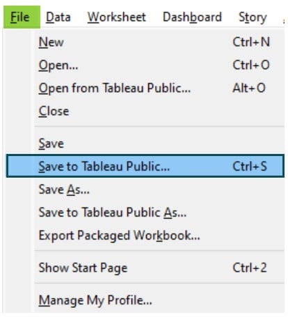Tableau storyline - Publish - Step 1