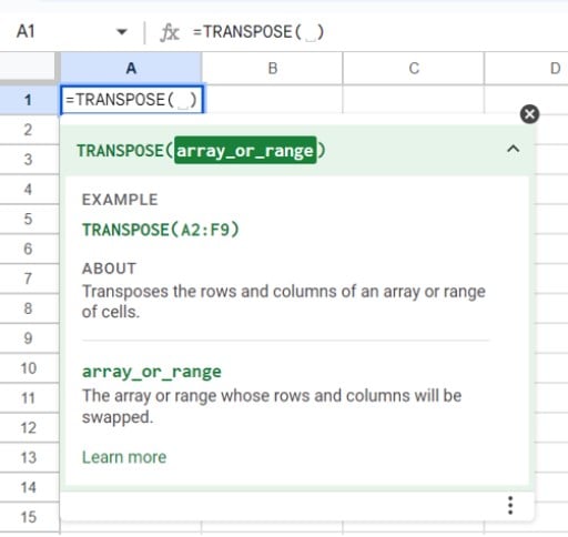 Transpose In Google Sheets - Transpose - Method 1 - Description