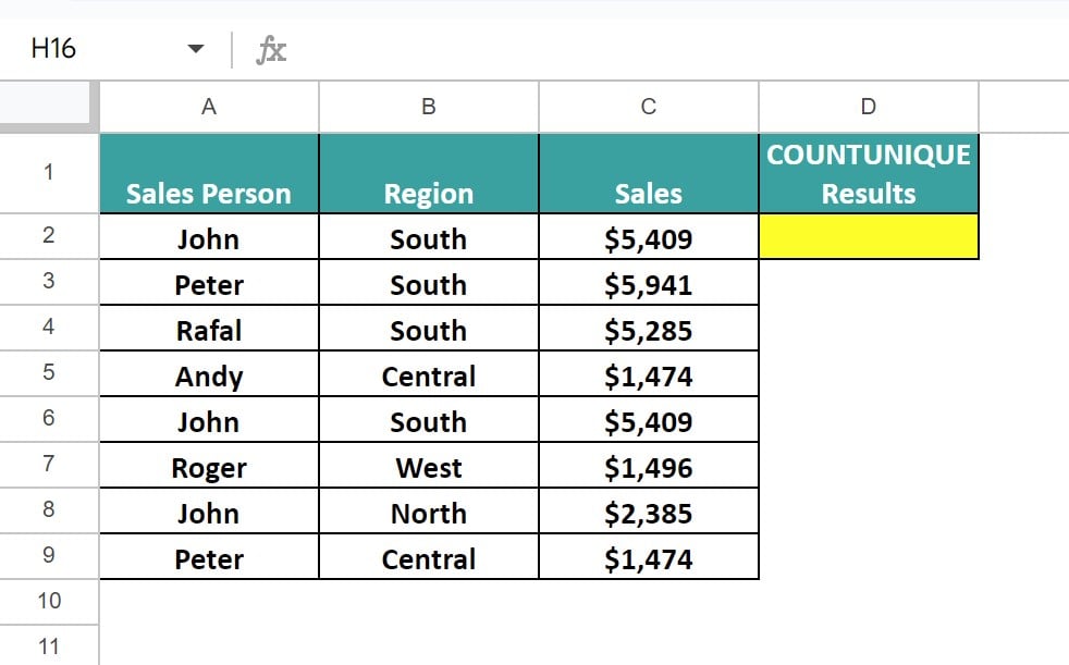 COUNTUNIQUE-In-Google-Sheets-Example-1