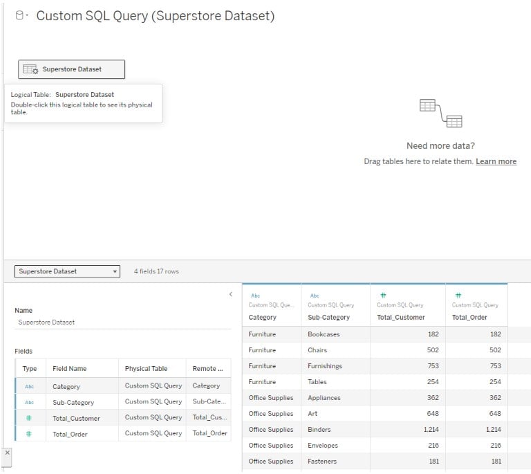 Custom SQL in Tableau - Set up - Step 3 - Dataset