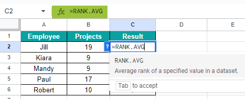 RANK.AVG Function Example 3-1