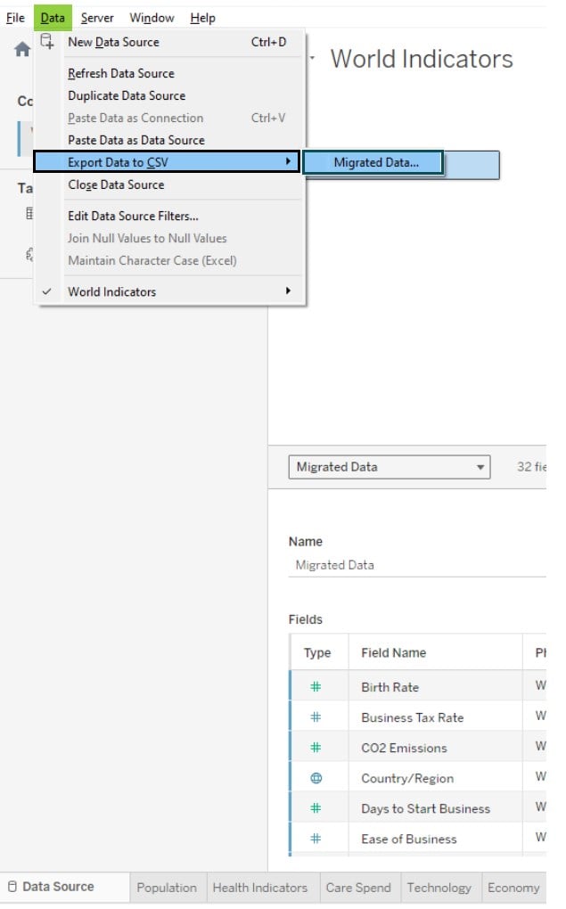 Tableau Export to Excel - Data Source