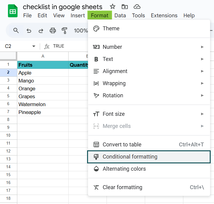 Create Checklist in Google Sheets - Example 3 - Step 1