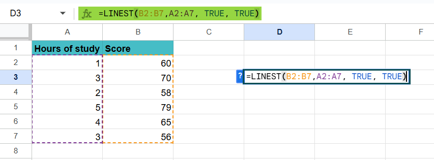 Linest Function google sheet - How to USe - Step 2