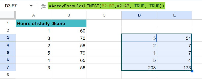 Linest Function google sheet - How to USe - Step 3