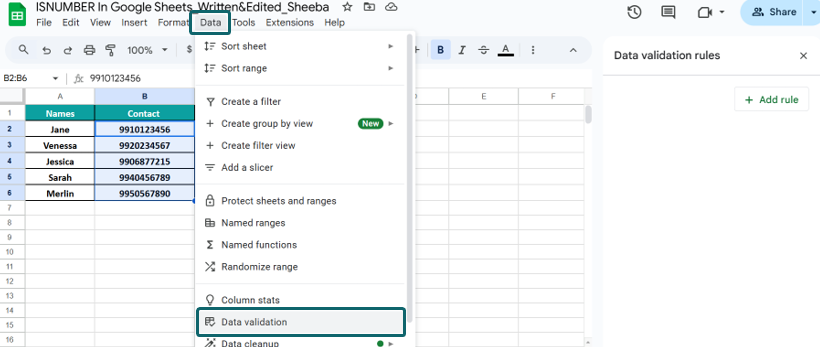 Using ISNUMBER in Data Validation Example 2-1