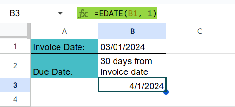 EDATE in Google Sheets - Example 1 - Step 2.1