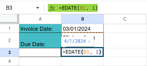 EDATE in Google Sheets - Example 1 - Step 2