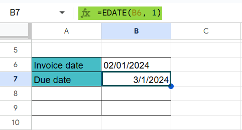 EDATE in Google Sheets - Example 1 - Step 3