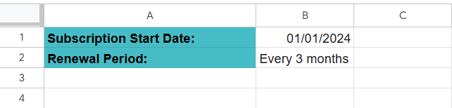 EDATE in Google Sheets - Example 2 - Step 1