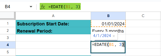 EDATE in Google Sheets - Example 2 - Step 2