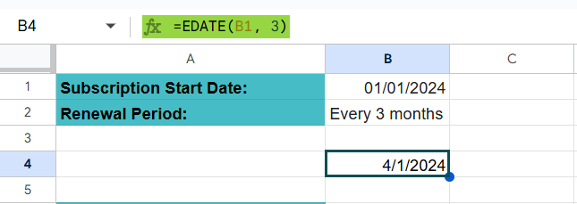EDATE in Google Sheets - Example 2 - Step 3