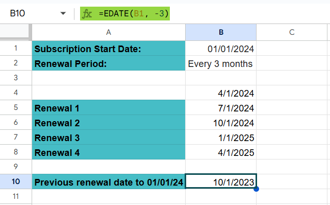 EDATE in Google Sheets - Example 2 - Step 4