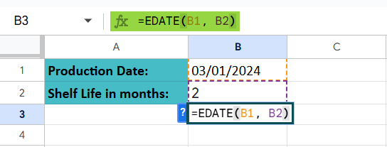 EDATE in Google Sheets - Example 3 - Step 2
