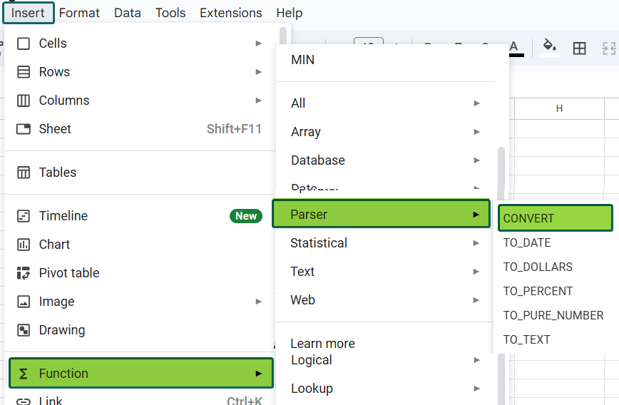 Convert Function in Google Sheets Method 1-2
