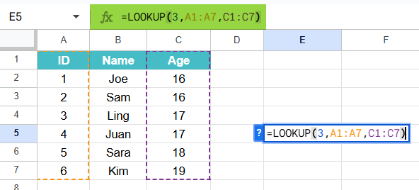LOOKUP in Google Sheets Method 1