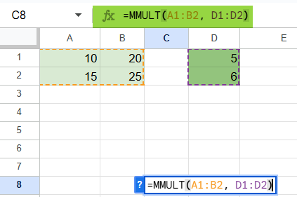 MMULT In Google Sheets Example 1-1