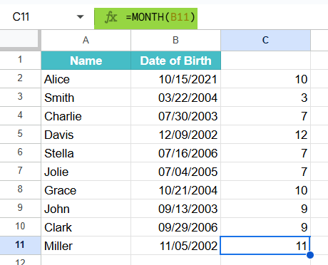 MONTH Function in Google Sheets Example 1-2