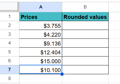 MROUND in Google Sheets - Example 1 - Step 1