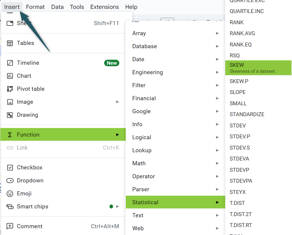 SKEW function - insert using google menu bar