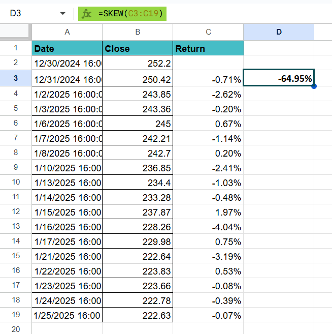 SKEW in Google Sheets - Example 1 Step 4
