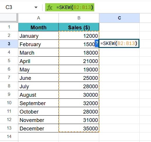 SKEW in Google Sheets - Example 2 - Step 2