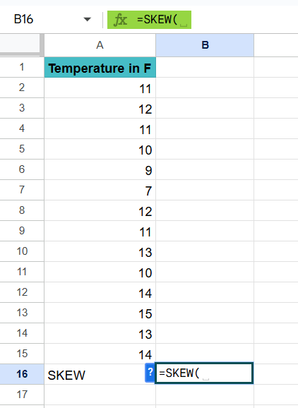 SKEW in Google Sheets - How to Use - Step 1