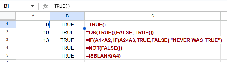 TRUE function in Google Sheets Example 1