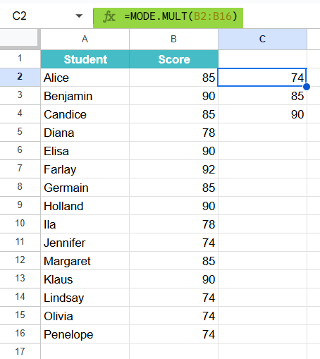 MODE.MULT Function in Google Sheets Example 2-1