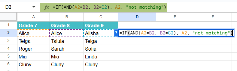 Compare and Match Columns in Google Sheets Example 1-1