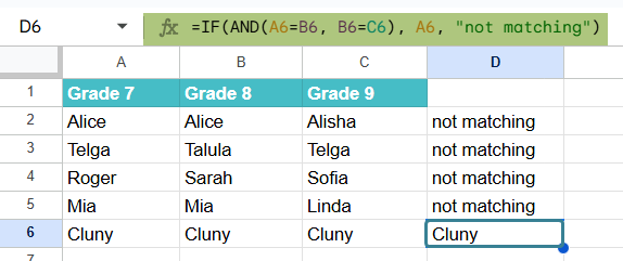 Compare and Match Columns in Google Sheets Example 1-2