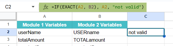 Compare and Match Columns in Google Sheets Example 2-1