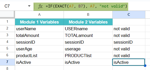 Compare and Match Columns in Google Sheets Example 2-2