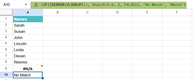Compare and Match Columns in Google Sheets Example 3-3