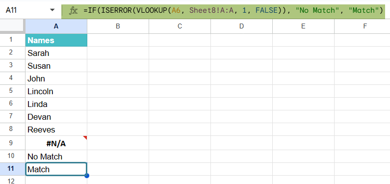 Compare and Match Columns in Google Sheets Example 3-4