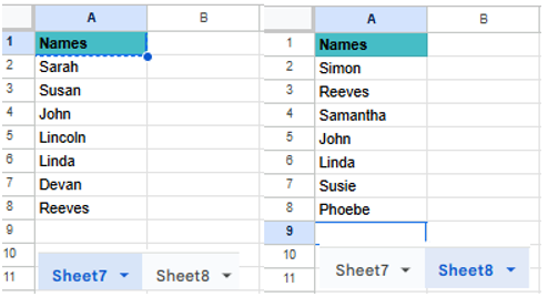 Compare and Match Columns in Google Sheets Example 3