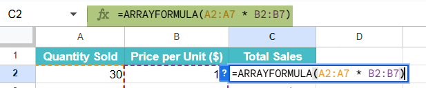 ARRAYFORMULA in Google Sheets Example 1-1