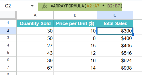 ARRAYFORMULA in Google Sheets Example 1-2