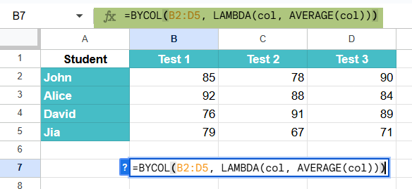 BYCOL Function in Google Sheets Example 2-1