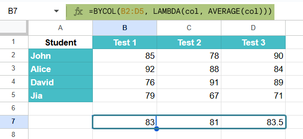 BYCOL Function in Google Sheets Example 2-2